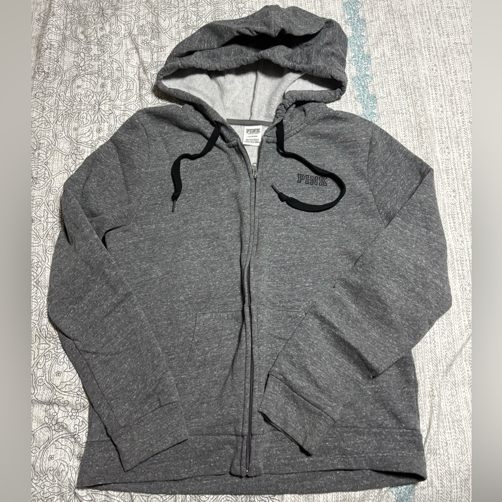 Pink women’s full zip gray hoodie w/black logo L